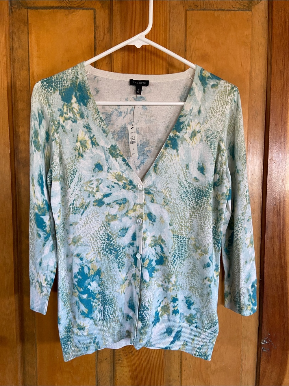 Talbots Blue, Teal & White Floral Button-Front Cardigan